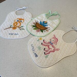 Vintage Cross Stitch Embroidered Baby Little Lamb Wise Owl baby blue bird set 3